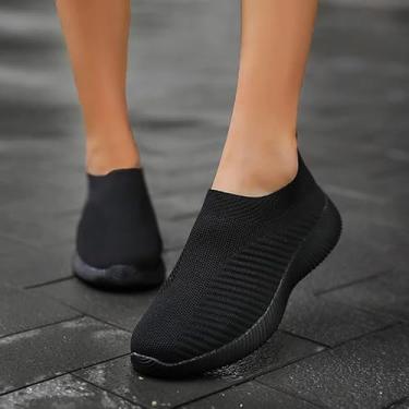 Imagem de Tênis de caminhada feminino, de malha, casual, moderno, sem cadarço, leve, respirável, para caminhada, antiderrapante, Preto, 36/37 BR