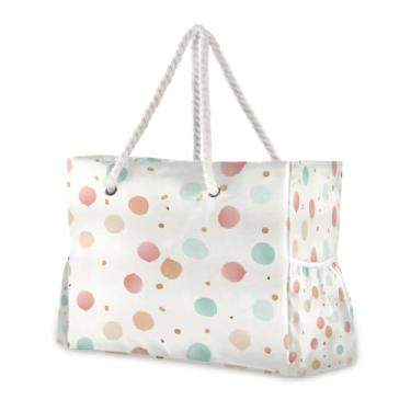 Imagem de Wassud Bolsa de praia feminina com estampa de pontos em aquarela, grande, à prova d'água, à prova de areia, bolsa de viagem com zíper e bolso para piscina, academia, acampamento