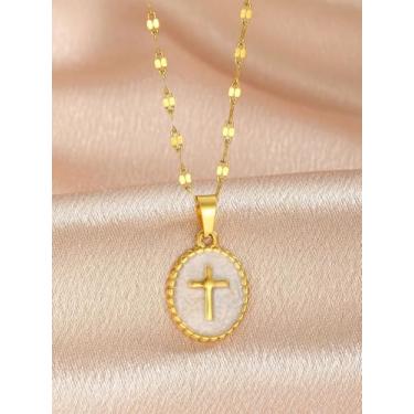 Imagem de Colar de cruz para mulheres, joias de ouro grosso, presentes, Medium, Latão, Sem Pedra Preciosa