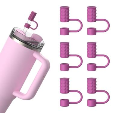 Imagem de 6 peças de tampas de palha de silicone de 10 mm compatíveis com Stanley Cup 40 e 850 g, tampas de palha reutilizáveis à prova de poeira para copo com alça, rosa vermelha