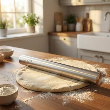 Imagem de Rolo de massa de aço inoxidável 316 para assar massa, fondant, torta de pizza, massa e biscoitos, rolo de metal resistente antiaderente fácil de limpar para cozinha doméstica e uso profissional, 25 cm