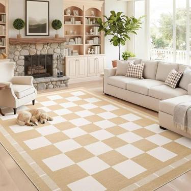 Imagem de Vasofe Tapetes de juta xadrez, tapete grande lavável para pátio ao ar livre, sala de estar, quarto, sala de jantar, tapete interno, antiderrapante, moderno, quinta, neutro, geométrico, alpendre, sala
