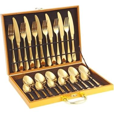 Imagem de Conjunto de Talheres 24 Peças Aço Inox Dourado com Maleta - Jogo Faqueiro Luxo Premium para Mesa Posta Elegante Cozinha Casa
