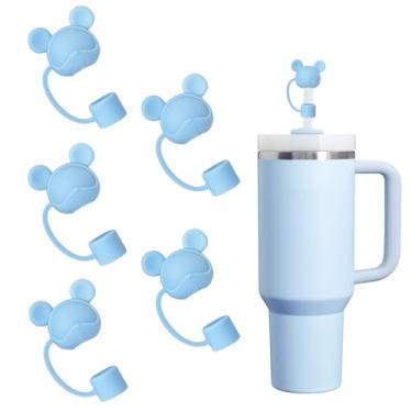 Imagem de SEEZIZI 5 peças de tampas de palha de urso compatíveis com copos Stanley de 30 e 1,134 g, protetores de tampas de silicone fofos reutilizáveis para canudos StanleyCups de 10 mm Acessórios - Azul