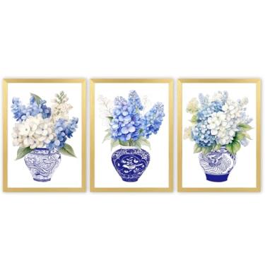 Imagem de Conjunto de impressão de arte de parede em tela de hortênsia chinoiserie azul e branco emoldurado com 3 peças em aquarela flores botânicas decoração em tela pintura oriental vaso de porcelana jarra de