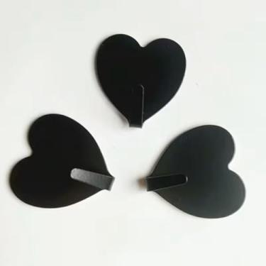 Imagem de 3 ganchos adesivos em forma de coração, ganchos de parede impermeáveis românticos, ganchos resistentes para chaves, chapéus, toalhas, acessórios de banheiro, suprimentos para casa - preto