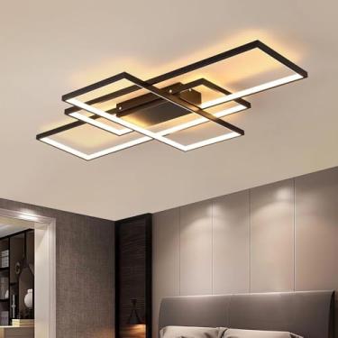 Imagem de Luminária de teto LED preta moderna, 90 cm, luz branca quente 3000K, lustre retangular de alumínio e acrílico com 3 anéis, ideal para sala de estar, quarto, sala de jantar e cozinha.