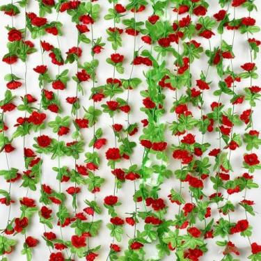Imagem de 228,6 cm 33 cabeças de videira rosa artificial para cobrir cachimbos, guirlanda realista de flores falsas para esconder unidades AC decoração de pendurar no teto (vermelho)
