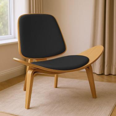 Imagem de Poltrona Decorativa Base De Madeira Shell Sintético P01 - D'rossi Cor Preto