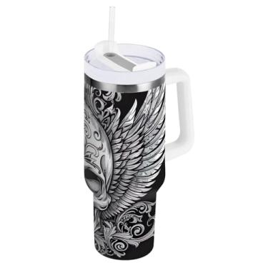 Imagem de ODAWA Copos grandes com isolamento de caveira preta com canudo e alça, copo isolado a vácuo