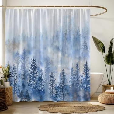 Imagem de AEMBEE Cortina de chuveiro de floresta azul, pinheiro, natureza, paisagem, tecido rústico, cortinas decorativas de banheiro com ganchos, 177,8 cm L x 180 cm A