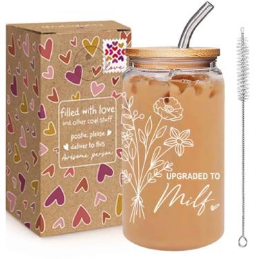 Imagem de Qubereeree Copo de vidro New Mom com tampa e canudo, presentes engraçados para novas mães para mulheres, presentes de gravidez para grávidas, presente de xícara de mãe para mamãe pela primeira vez