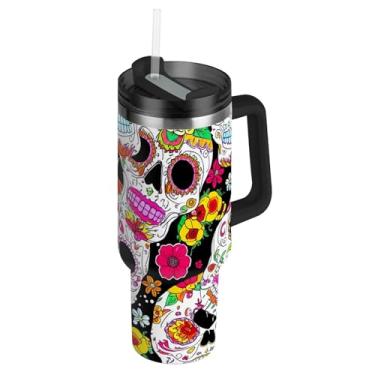 Imagem de Copos com tampas e canudos coloridos crânios de açúcar flores pretas copo de 850 g com alça garrafa de água isolada rosa garrafa de água de aço inoxidável para copo de carro