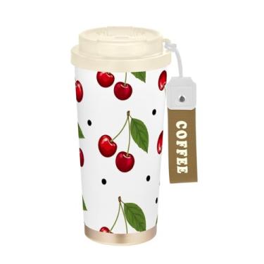 Imagem de TSENQUE Copo de café de viagem 473 ml, copo de café com revestimento cerâmico com canudo e tampa, copo isolado a vácuo de aço inoxidável, folhas de cereja, pontos pretos brancos