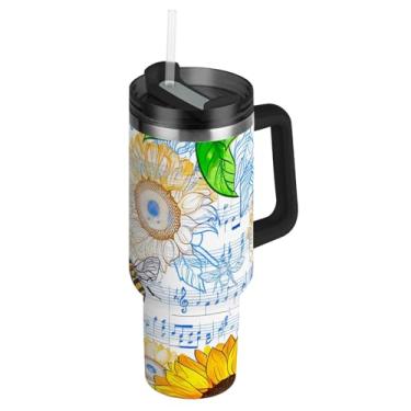 Imagem de Copos com tampas e canudo girassol abelhas azul branco copo com alça 1,134 g engraçado garrafa de água isolada aço inoxidável copos de café quente para carro