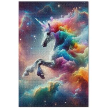 Imagem de Quebra-cabeça espacial unicórnio arco-íris 1000 quebra-cabeças para adultos pintura animal decoração presente mordaça jogo quebra-cabeça presentes, 75 x 40 centímetros