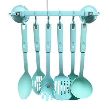Imagem de Conjunto 6 Utensilios com Gancho de Cozinha de Nylon Colher Concha Escumadeira Espátula Pegadores (KIT VERDE MENTA COM SUPORTE)