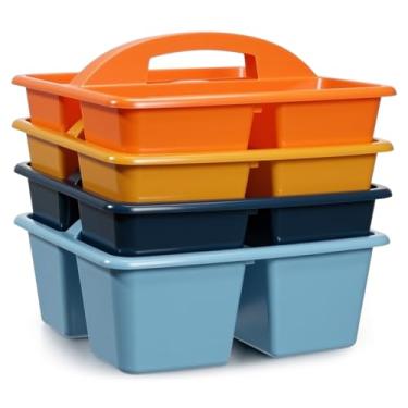 Imagem de Kathfly Pacote com 4 organizadores com alça, armazenamento empilhável para organização, cesta de plástico pequena para sala de aula, mesa, escritório, lápis, sala de crianças, artesanato, professores