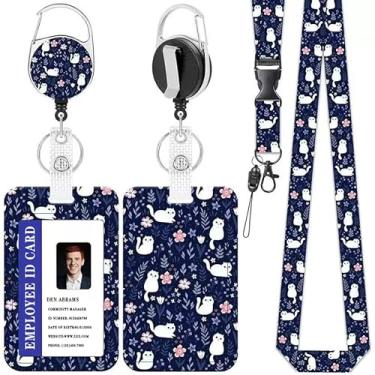 Imagem de Lindos cordões de flor de gato branco para crachás de identificação, suporte de crachá com clipe de carretel retrátil, etiqueta de nome de cartão de identificação, protetor vertical de cartão de