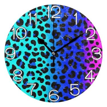 Imagem de Relógio de parede analógico de leopardo preto degradê azul rosa relógio de cozinha rústico redondo sem tique-taque silencioso, arte de parede boho decoração de casa, 25 cm, ponteiros pretos