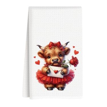 Imagem de Toalhas de cozinha para o dia dos namorados, decorações de dia dos namorados, presente para ela, namorado, namorada, coração, amor, letra rosa, laço rosa, toalha de prato de vaca highland, presentes