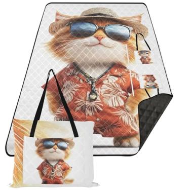 Imagem de TSENQUE Cobertores de areia de animais da moda de gato laranja para praia cobertor de piquenique fofo cobertor floral dobrável tapetes de grama para acampamento 299 cm x 203 cm