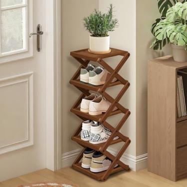 Imagem de YYW Sapateira, prateleira dobrável de bambu, organizador independente de armazenamento de sapatos para entrada, quarto, armário, corredor, (marrom, 5 camadas, 25)