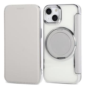 Imagem de Capa carteira para iPhone 14 com 3 compartimentos para cartão, bloqueio RFID, suporte de anel giratório de 360° e compatibilidade magnética, capa traseira transparente à prova de choque, suporta