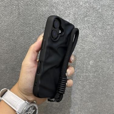 Imagem de Capa de luxo com alça de pulso fosca texturizada para iPhone 16, 15, 14, 17 Pro Max, Air 13, 12 e 11, com cordão, cor sólida Candy, estampa ondulada, preta, para iPhone 16 Pro.