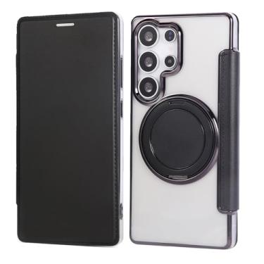 Imagem de Capa carteira para Samsung Galaxy S23 Ultra com 3 compartimentos para cartão, bloqueio RFID, suporte de anel giratório de 360° e compatibilidade magnética, capa traseira transparente à prova de choque