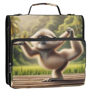 Imagem de Organizador de fichário de viagem com zíper de 3,8 cm, 3 anéis, anel D, macaco gibão, ioga, animal, vários bolsos, pasta grande para portfólio, bolsa escolar com alça de ombro