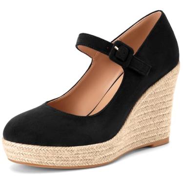 Imagem de Oh Mispares Sapato feminino plataforma espadrille wedges Mary Jane salto alto bico redondo fivela camurça sapatos elegantes 4 polegadas, Preto, 39