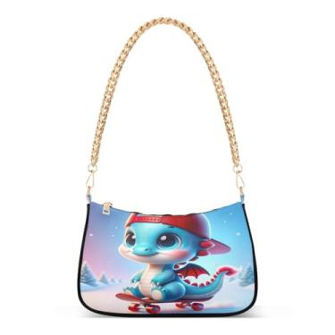 Imagem de Linda bolsa de ombro com alça de corrente com estampa de dragão, bolsa Hobo artística de poliéster para mulheres, bolsa clutch moderna para uso diário ou festa