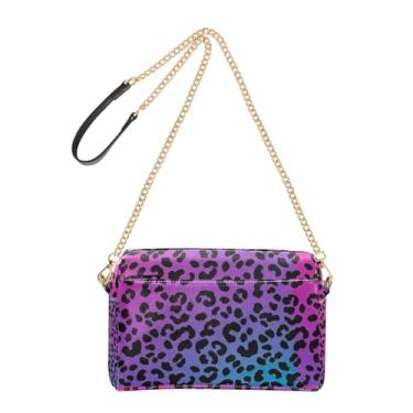 Imagem de Joitme Bolsa de ombro feminina preta com manchas de leopardo roxo azul bolsa transversal para celular bolsa de ombro de couro PU alça de corrente