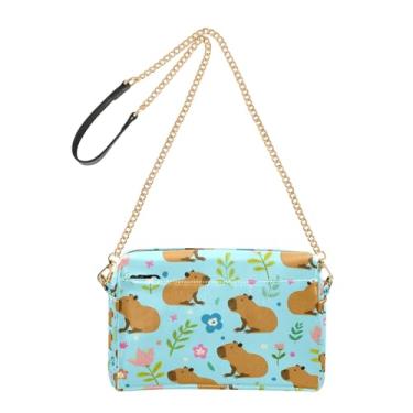 Imagem de Joitme Lindas capivaras flores azuis bolsas transversais para mulheres bolsa de celular bolsa de couro PU bolsa de ombro com alça de corrente