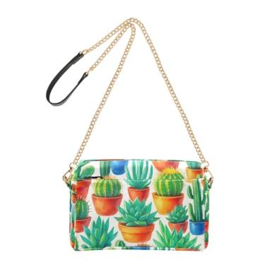 Imagem de Joitme Bolsa de ombro feminina transversal para celular bolsa de ombro de couro PU com alça de corrente cacto verde suculentas