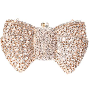 Imagem de Bolsa clutch com laço de strass embutida feita à mão para mulheres, bolsa brilhante para festa noturna de casamento com alça de corrente de pérola destacável, Dourado, branco, 21cm x 12cm