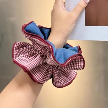 Imagem de Fita elástica de cabelo feita à mão Coreia Dongdaemun marrom-azul floral multicolorida grande versátil Scrunchie para viagem de coque de rabo de cavalo, vermelho