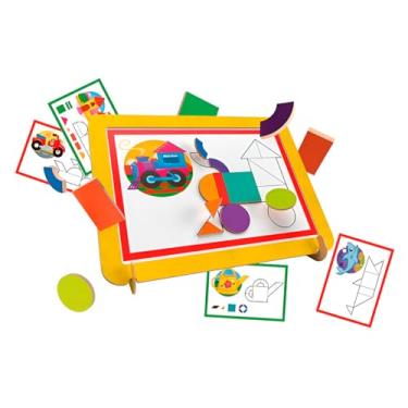 Imagem de Painel Magnético com Formas Geométricas, Brinquedo Educativo para Crianças +4 Anos, 24 Peças Coloridas, 10 Atividades, Mini Cavalete, MDF, 30 x 22 cm
