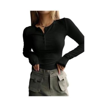 Imagem de Camiseta Casual Feminina De Manga Longa Com Textura Lisa E Botão Front