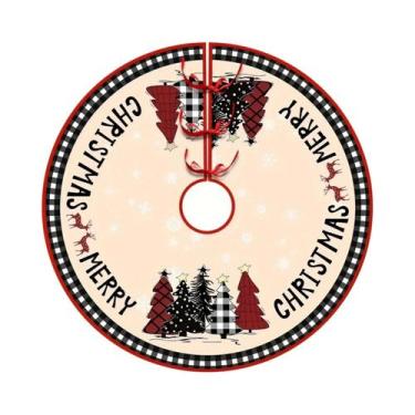 Imagem de Saia De Árvore De Natal Redonda Com Estampa De Rena Em Xadrez Vermelho