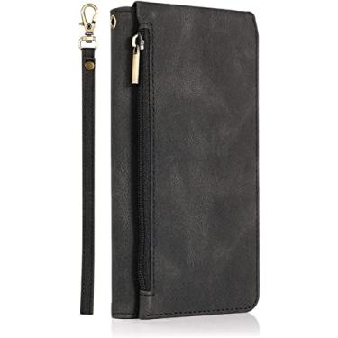 Imagem de GANYUU Capa carteira com zíper para iPhone 14/14 Plus/14 Pro/14 Pro Max, capa de telefone de couro PU premium com alça de pulso slots de cartão suporte capa de notebook flip magnético (cor: preto, tamanho: 14)