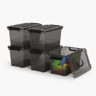 Imagem de Krihan Caixas de armazenamento de plástico de 7 litros com tampas, pacote com 5, caixa de armazenamento empilhável com tampas e alça de fivela, preto transparente