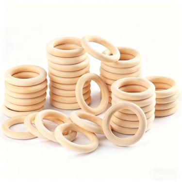 Imagem de 3 peças de anéis de madeira natural inacabados para artesanato - espaços em branco circular de madeira lisa para macramê, fabricação de joias DIY, conectores pendentes e projetos de artesanato em