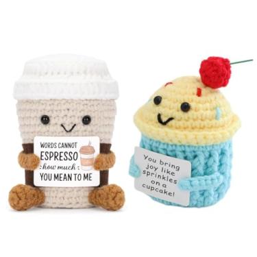 Imagem de Orichane Positive Crochet Emotional Support Coffee Cupcake 2PCS with Encouragement Card Set for Coworker Friends Birthday Encouragement Gift Office Room Decor