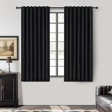 Imagem de Cortinas de cozinha pretas com 137 cm de comprimento, conjunto de 2 painéis, moderno plissado de linho, cortina blackout para janela, bolso traseiro para varão, para café/cabine, inverno, cortinas