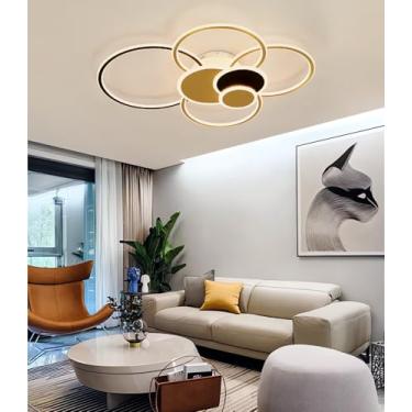 Imagem de Luminária de teto moderna para sala de estar, com iluminação interna e externa, LED dourado, grande, dimerizável, com controle remoto, ideal para quarto, hall de entrada (dourada, 90 cm).