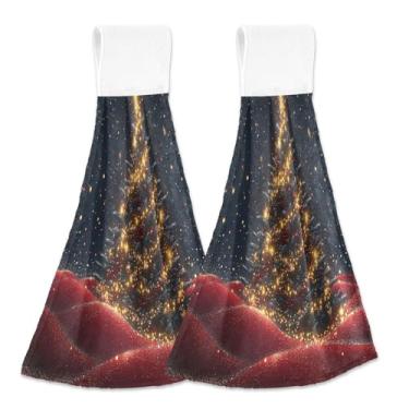 Imagem de Blueangle 2 peças de toalhas de amarrar penduradas em árvore de Natal com estrelas brilhantes toalha de mão toalha de mão absorvente de veludo coral macio pano para cozinha e banheiro (711)