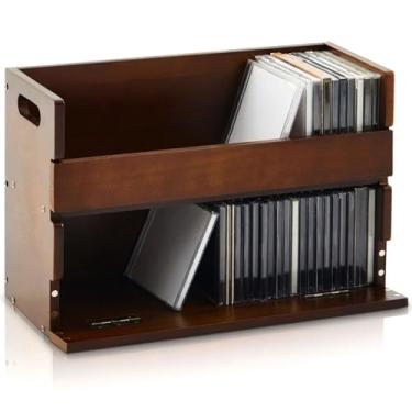 Imagem de CroBlissful Suporte de caixa de armazenamento de CD de madeira de 2 camadas, prateleira, fita cassete com alças de transporte, prateleira organizadora para capas de filmes, DVDs, pode armazenar até 72