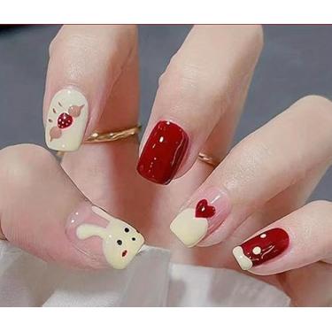 Imagem de Unhas quadradas de pressão em gel macio, curto, 12 tamanhos – 24 kit de manicure reutilizável fofo e falso, coelho creme em forma de coração